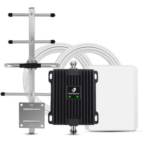 Phonetone Cell Phone Signal Booster for Home and Office Up to 5,000 Sq Ft | Boost 4G LTE Data for Verizon and AT&T | 65dB Dual Band 12/17/13 Cellular Repeater with High Gain Antennas | FCC Approved